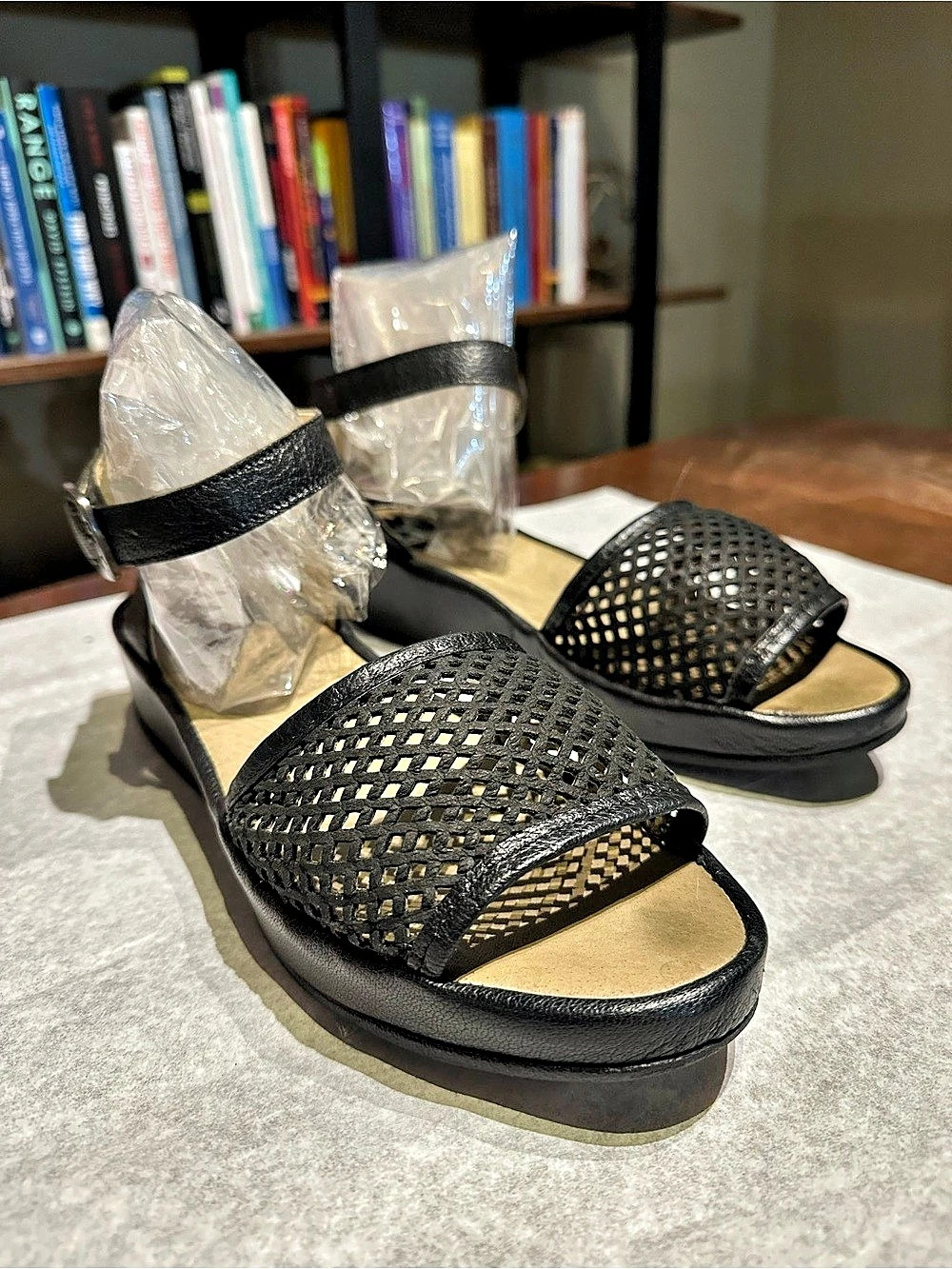 Fly London Black Perforated Leather Wedge Sandals Ankle Strap Sz 39 US 8 like ne